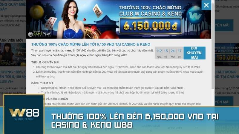 Thưởng 100% lên tới 6,150,000 VND tại game slot W88