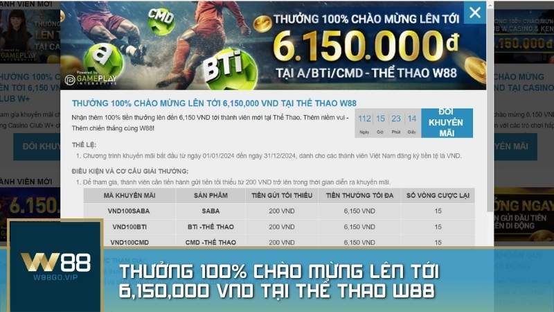 Thưởng 100% lên đến 6,150,000 VND tại casino & keno W88