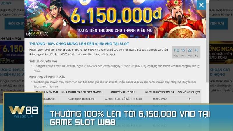 Thưởng 100% chào mừng lên tới 6,150,000 VND tại thể thao W88