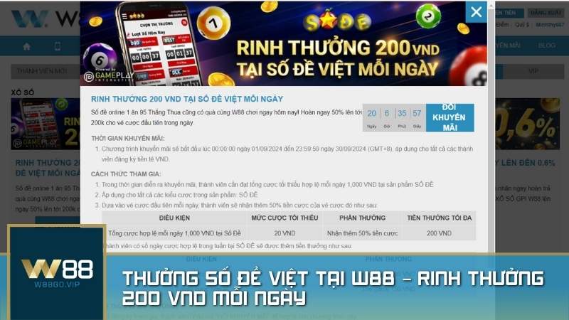 Thưởng số đề việt tại W88 – Rinh thưởng 200,000 VND mỗi ngày