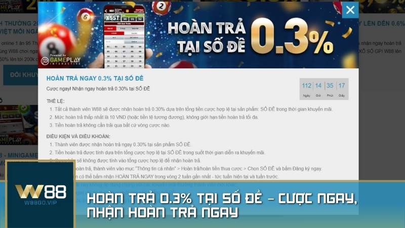 Thưởng số đề Việt tại W88 - Hoàn trả 0.3% tại số đề – Cược ngay, nhận hoàn trả ngay