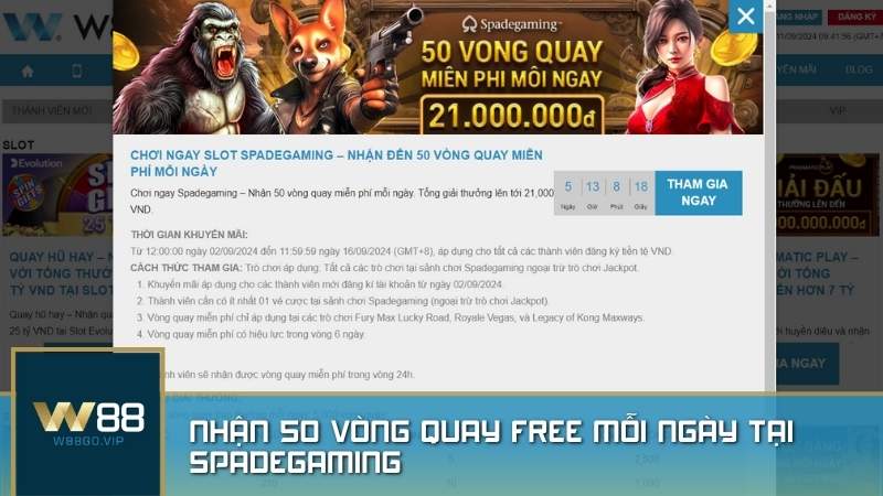 Nhận 50 vòng quay mỗi ngày tại Spadegaming