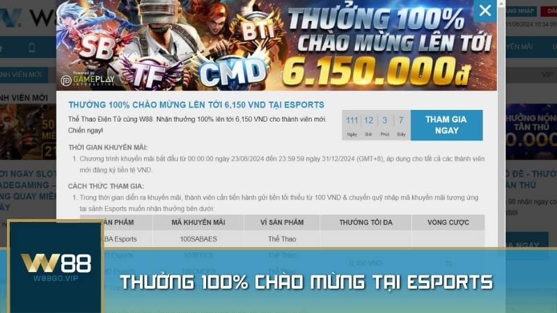 Thưởng 100% chào mừng tại Esports