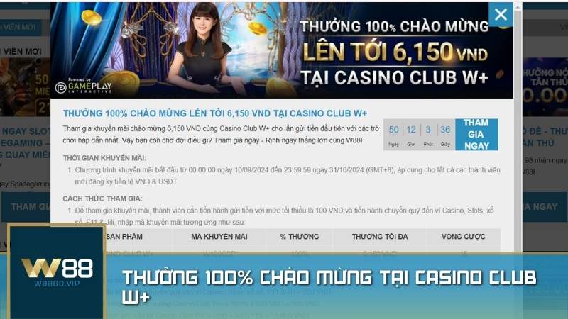 Thưởng 100% chào mừng tại Casino Club W+