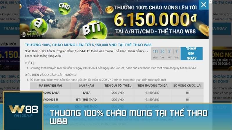 Thưởng 100% chào mừng tại Thể Thao W88